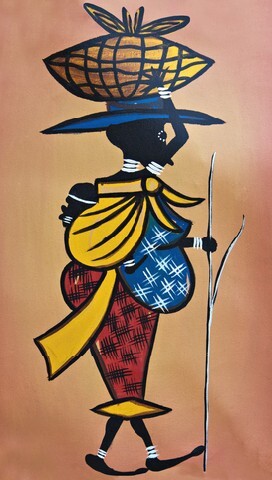 African traditional painting representing a mother with the child tight to her back